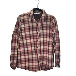 Riders by Lee Womens Plaid Fleece Lined Shirt Jacket Shacket Red Brown L